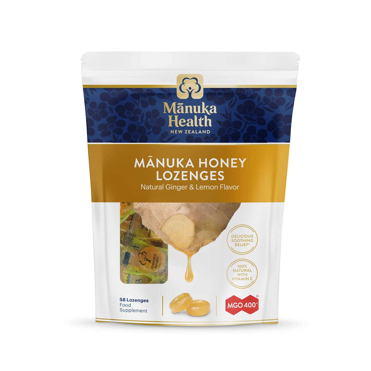 Manuka Health Mgo 400+ Manuka Honey Lozenges With Lemon And Ginger, 58 Ea
